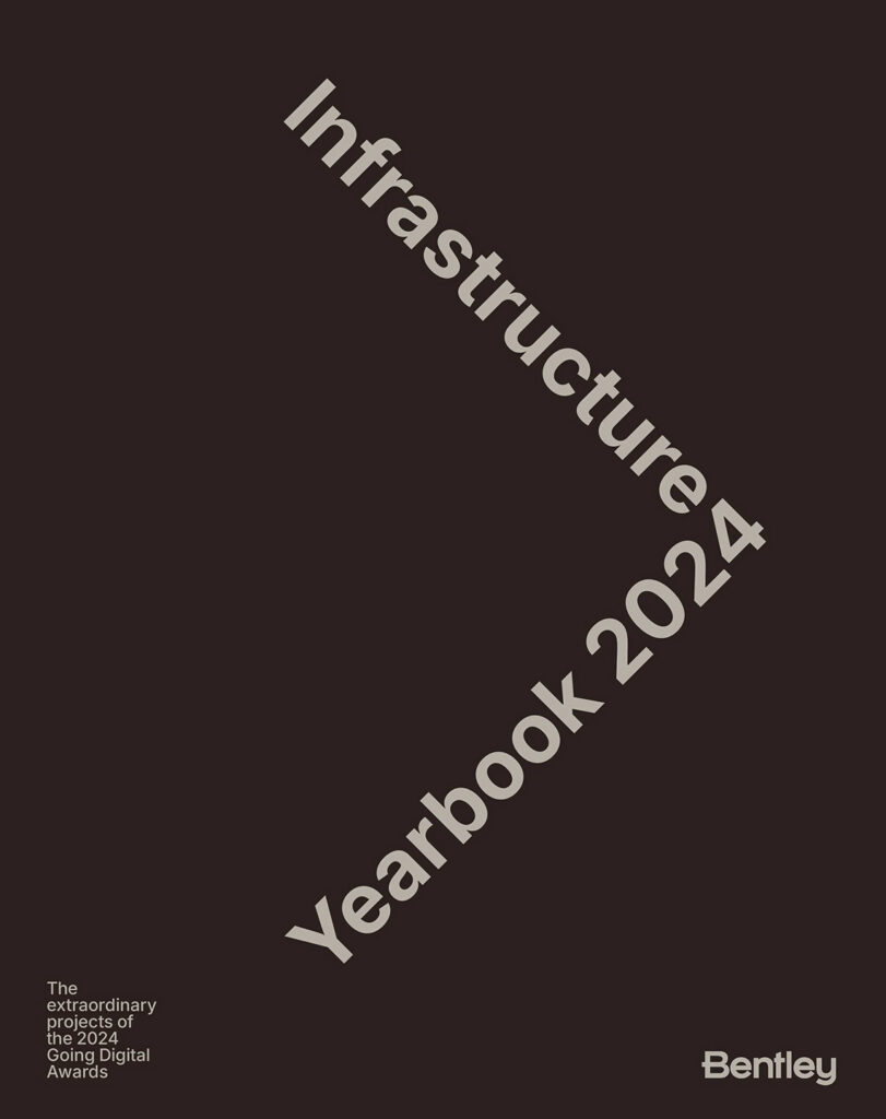 The cover of the Bentley "Infrastructure Yearbook 2024," featuring a clean, dark design with text forming a greater-than symbol.