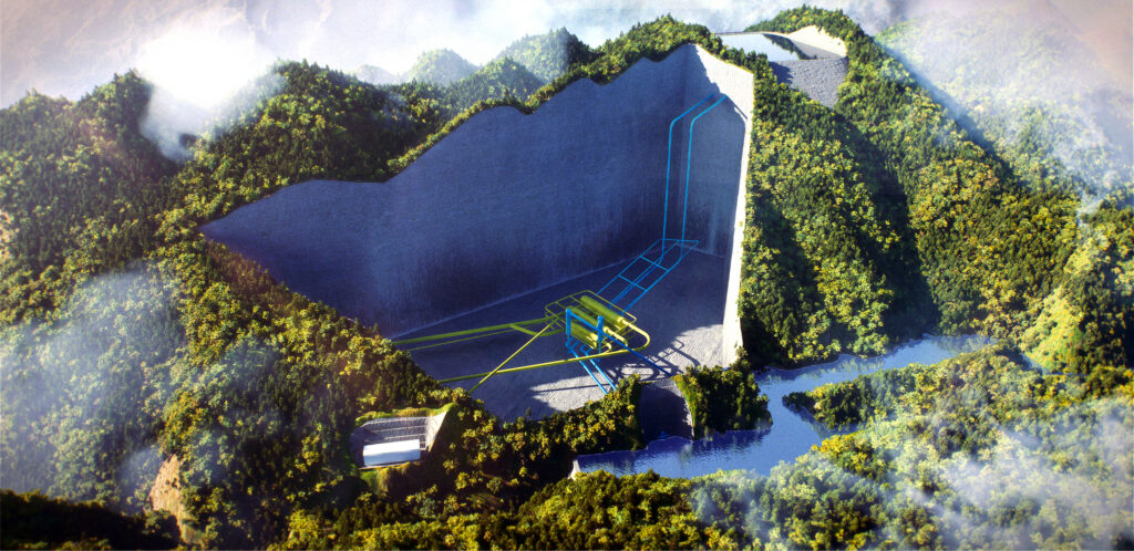 A 3D digital rendering of a hydroelectric power facility, showing the dam structure and penstocks integrated into a mountainous landscape.