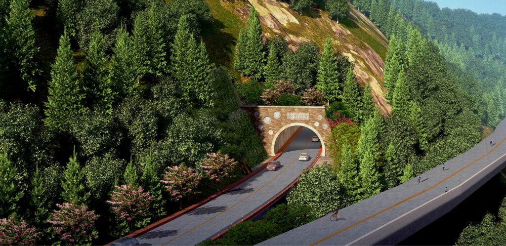A photorealistic rendering of a highway leading into a tunnel through a lush, green mountainside, showcasing road design in challenging terrain.
