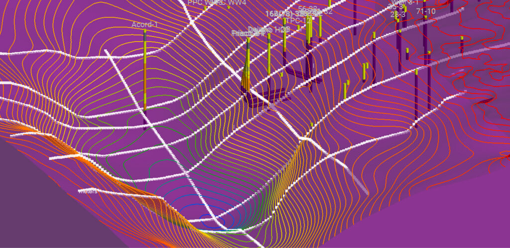A colorful 3D subsurface geological model with contour lines and borehole data visualizations, used for geotechnical analysis.