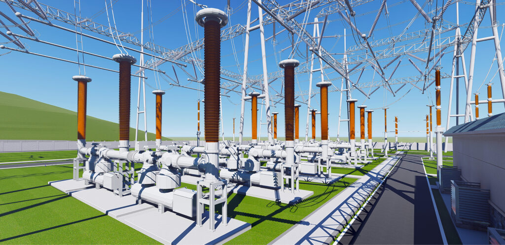 A detailed 3D digital twin of an electrical substation, showing high-voltage equipment, insulators, and control buildings under a clear blue sky.