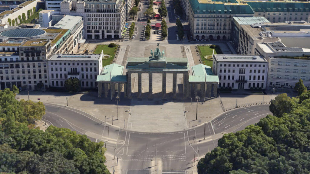A high-fidelity 3D reality model of the Brandenburg Gate and Pariser Platz in Berlin, demonstrating the creation of a city-scale digital twin.
