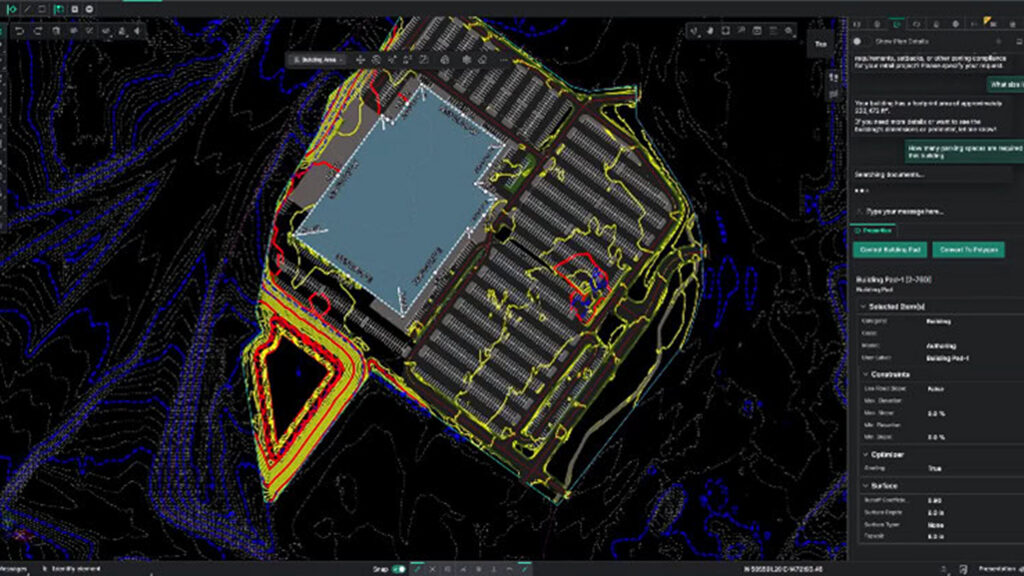A screenshot of generative design software being used for site optimization, showing contour lines and an automated layout of a building and parking lot.