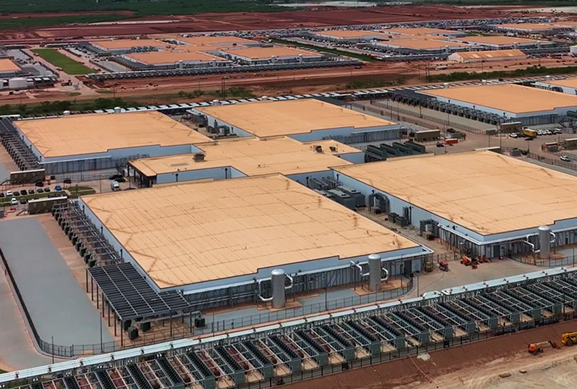 An aerial view of a massive data center campus under construction, a finalist project by DPR Construction.