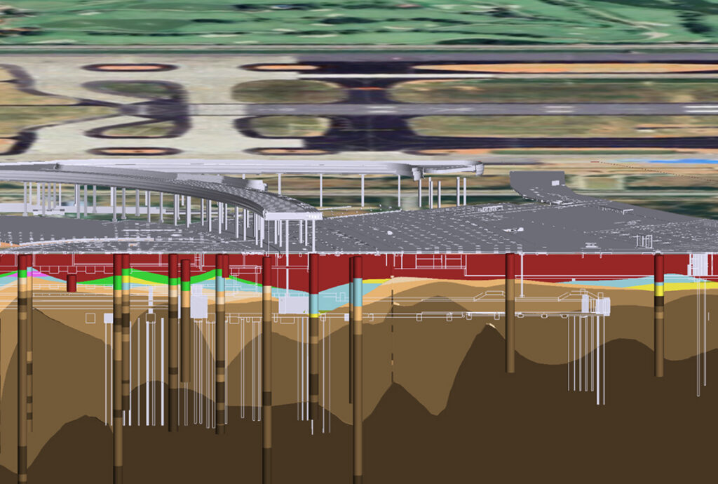 Cross-section view of an offshore platform showing a deck with pillars and many vertical piles driven into layered seabed beneath the water.
