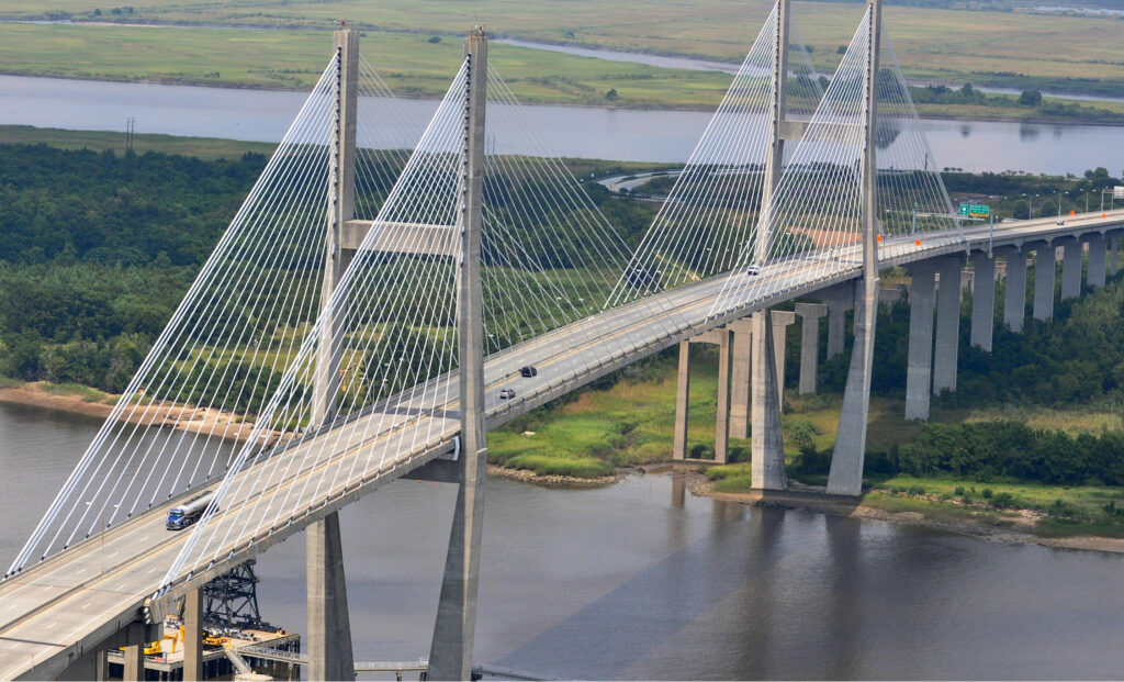 An aerial photograph of the cable-stayed Talmadge Memorial Bridge over the Savannah River, a finalist project by Parsons.