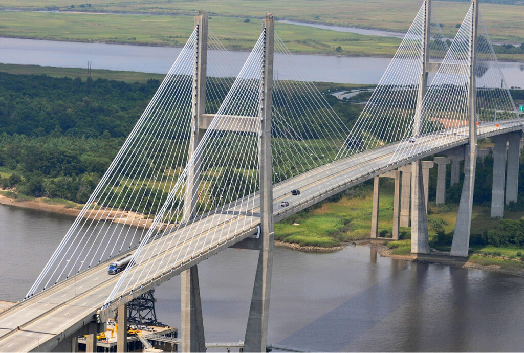 An aerial photograph of the cable-stayed Talmadge Memorial Bridge over the Savannah River, a finalist project by Parsons.