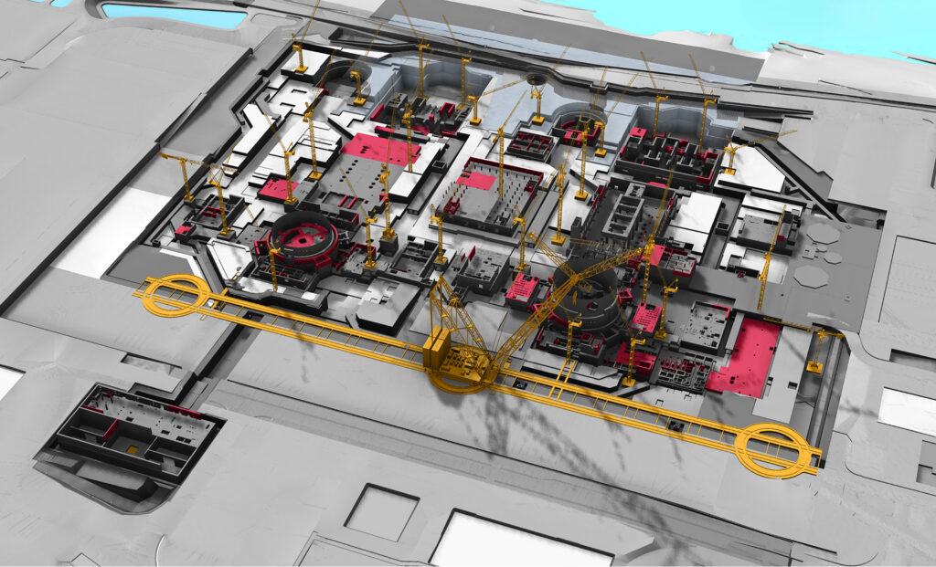 A 4D construction model of the Sizewell C nuclear power station, highlighting complex phasing and logistics, a finalist project by AtkinsRéalis.