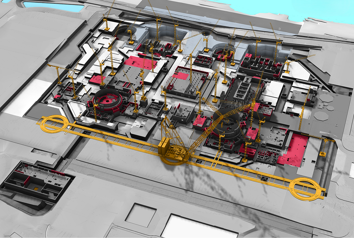 A 4D construction model of the Sizewell C nuclear power station, highlighting complex phasing and logistics, a finalist project by AtkinsRéalis.