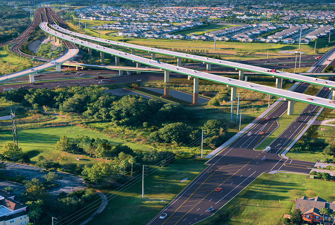 An aerial rendering of a large, multi-level highway interchange surrounded by residential areas and green space, a finalist project by RS&H.