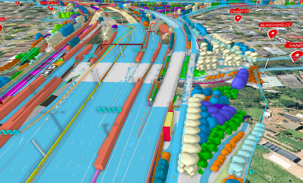 A complex digital twin of a transportation corridor showing various design layers and data integrated with the surrounding environment, a finalist project by the Department of Transport and Planning.