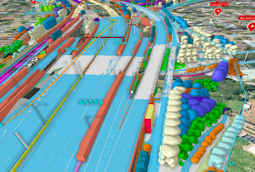A complex digital twin of a transportation corridor showing various design layers and data integrated with the surrounding environment, a finalist project by the Department of Transport and Planning.