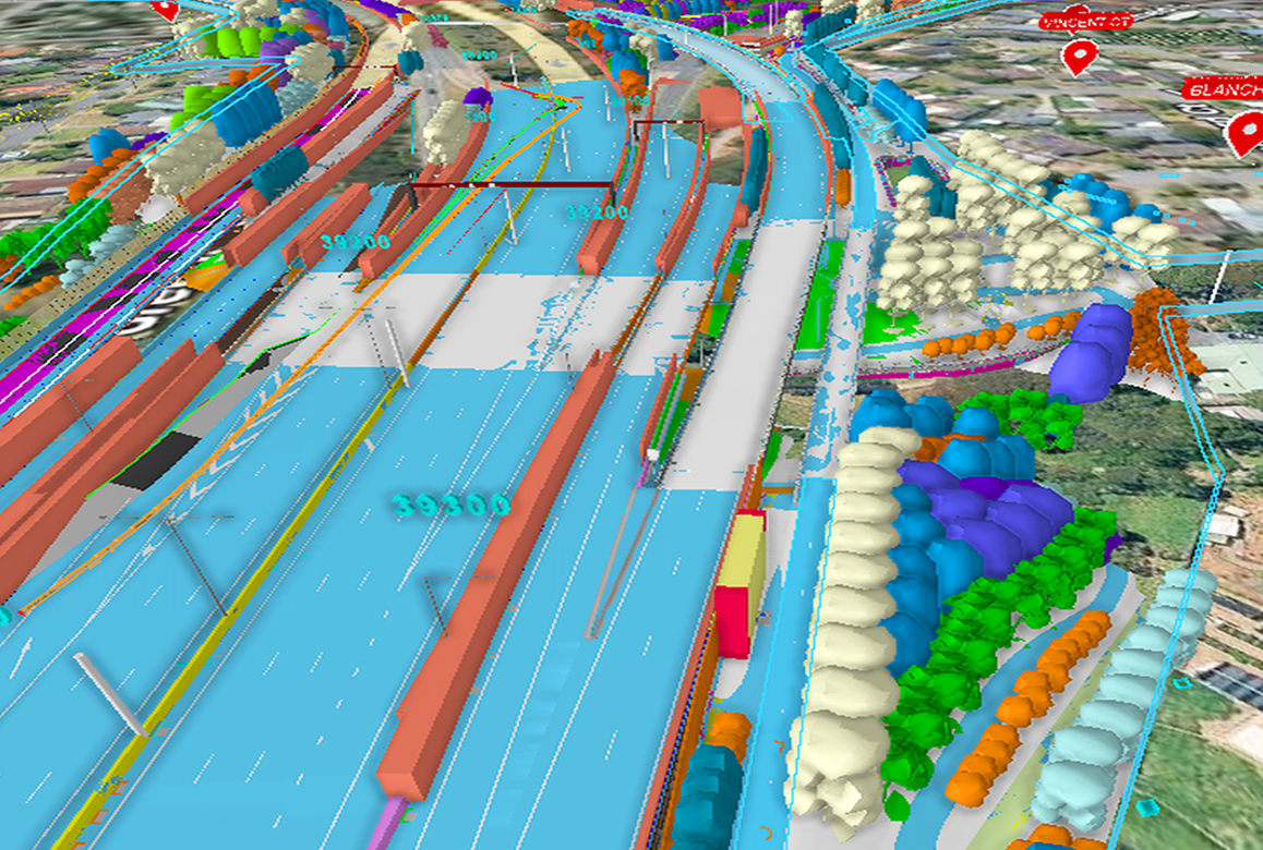 A complex digital twin of a transportation corridor showing various design layers and data integrated with the surrounding environment, a finalist project by the Department of Transport and Planning.