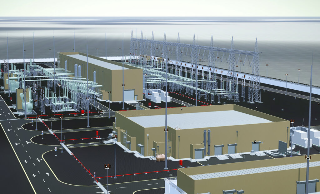 A detailed 3D digital model of the 380kV Nariyah BSP High-Voltage GIS Substation, showing the layout of buildings and electrical equipment, a finalist project by SEC.