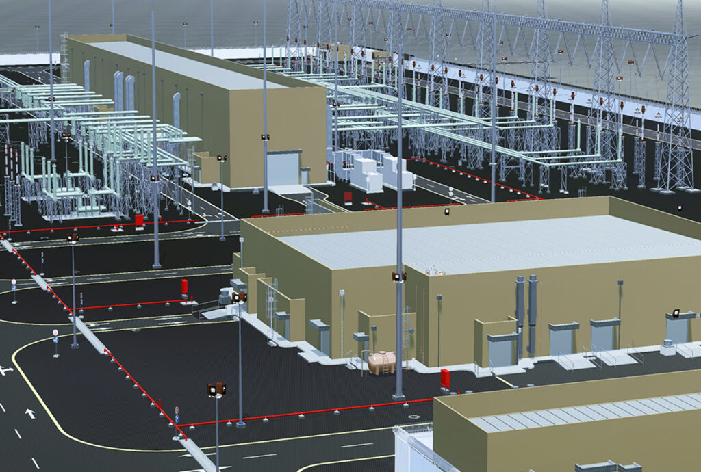 3D rendering of a power plant site with beige buildings, transformers, and lattice transmission lines