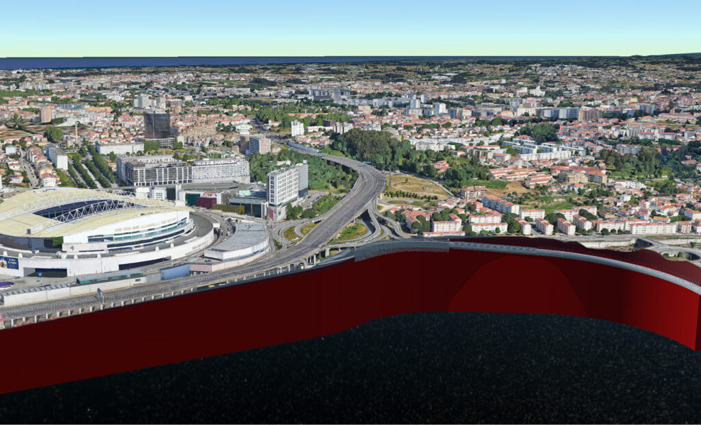 A digital rendering of the Porto Metro tunnel integrated with the cityscape, a finalist project by AYESA Engineering.