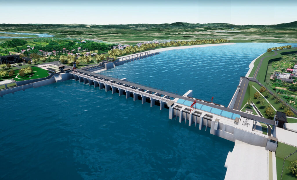 An aerial rendering of the Tugutang Navigation and Hydropower Hub, a finalist project by Hunan Provincial General Institute of Water Resources and Hydropower Survey, Design, Planning and Research Co., Ltd.