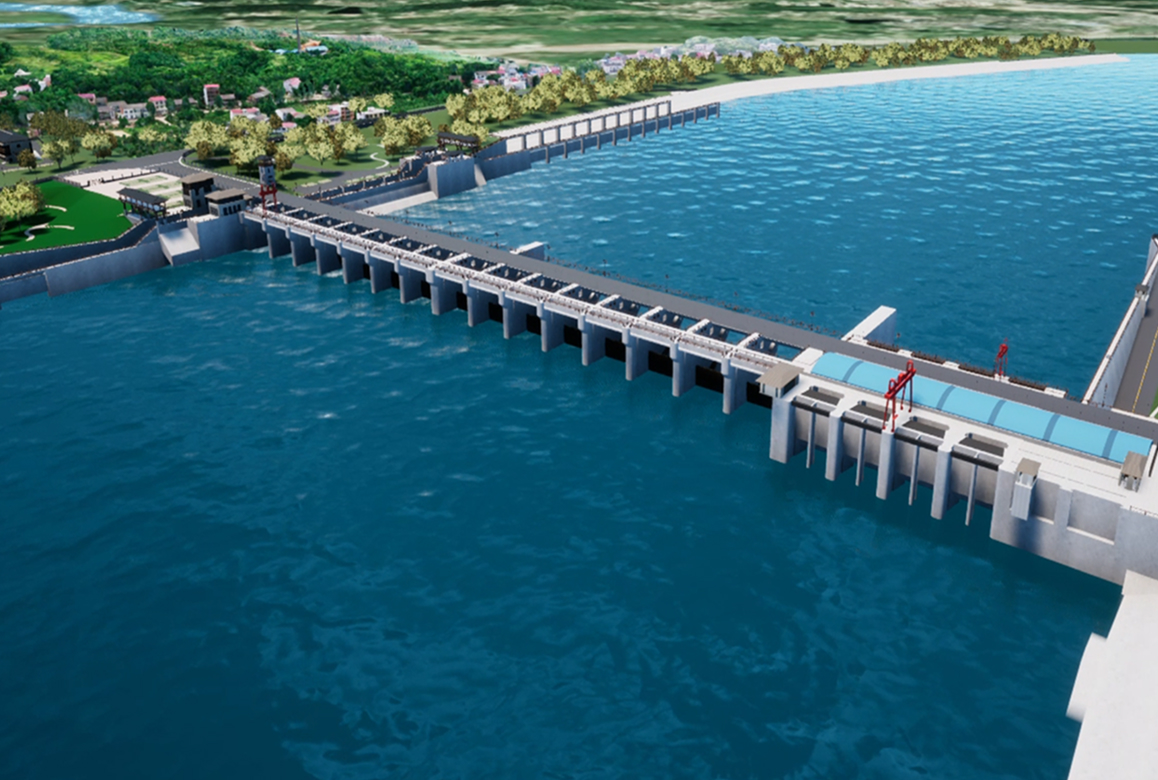An aerial rendering of the Tugutang Navigation and Hydropower Hub, a finalist project by Hunan Provincial General Institute of Water Resources and Hydropower Survey, Design, Planning and Research Co., Ltd.