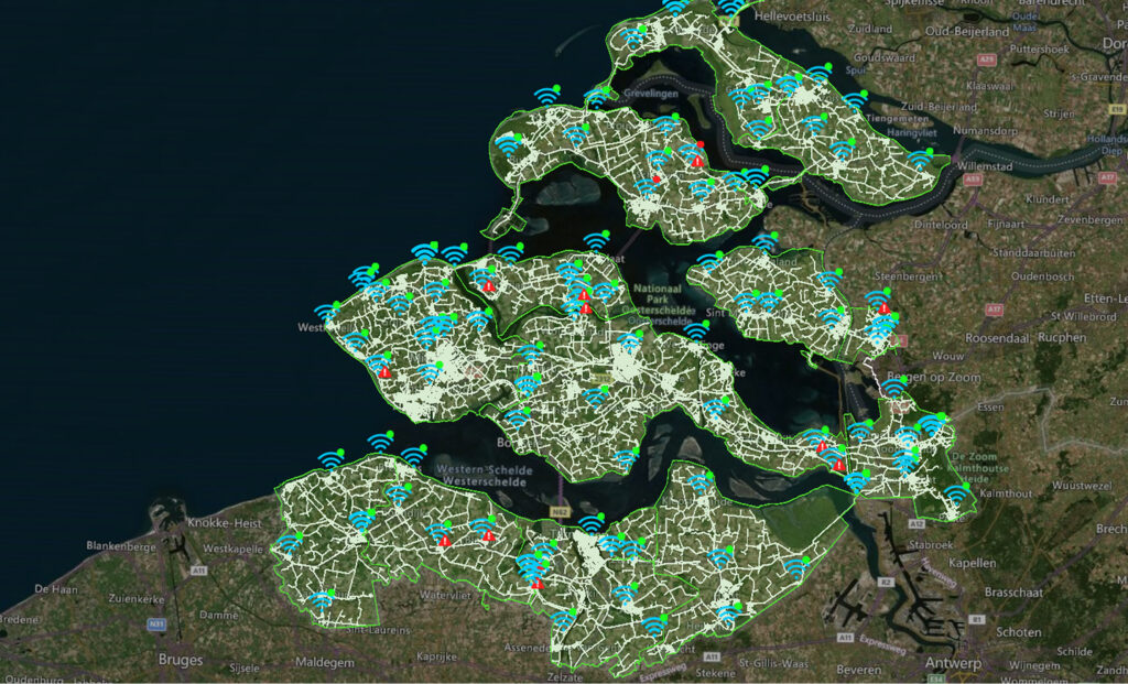 A digital twin showing the water distribution network of the Zeeland region overlaid on a satellite map, a finalist project by Evides.