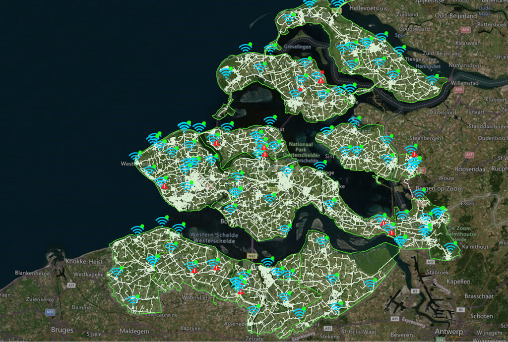 A digital twin showing the water distribution network of the Zeeland region overlaid on a satellite map, a finalist project by Evides.