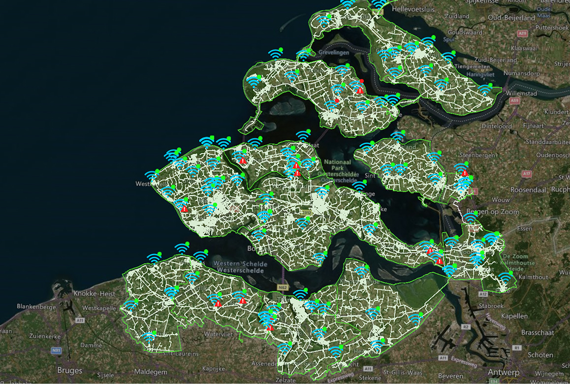 A digital twin showing the water distribution network of the Zeeland region overlaid on a satellite map, a finalist project by Evides.