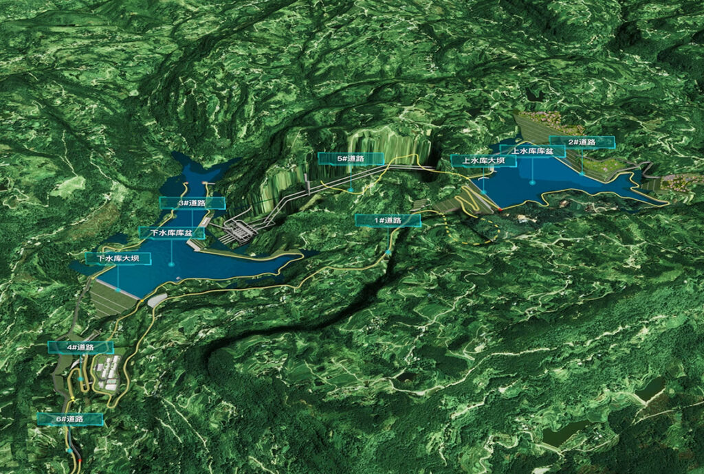 A digital twin rendering of the Zhen'an pumped-storage power station, showing the layout of reservoirs and tunnels in a mountainous region, a finalist project by Power Construction Corporation of China.