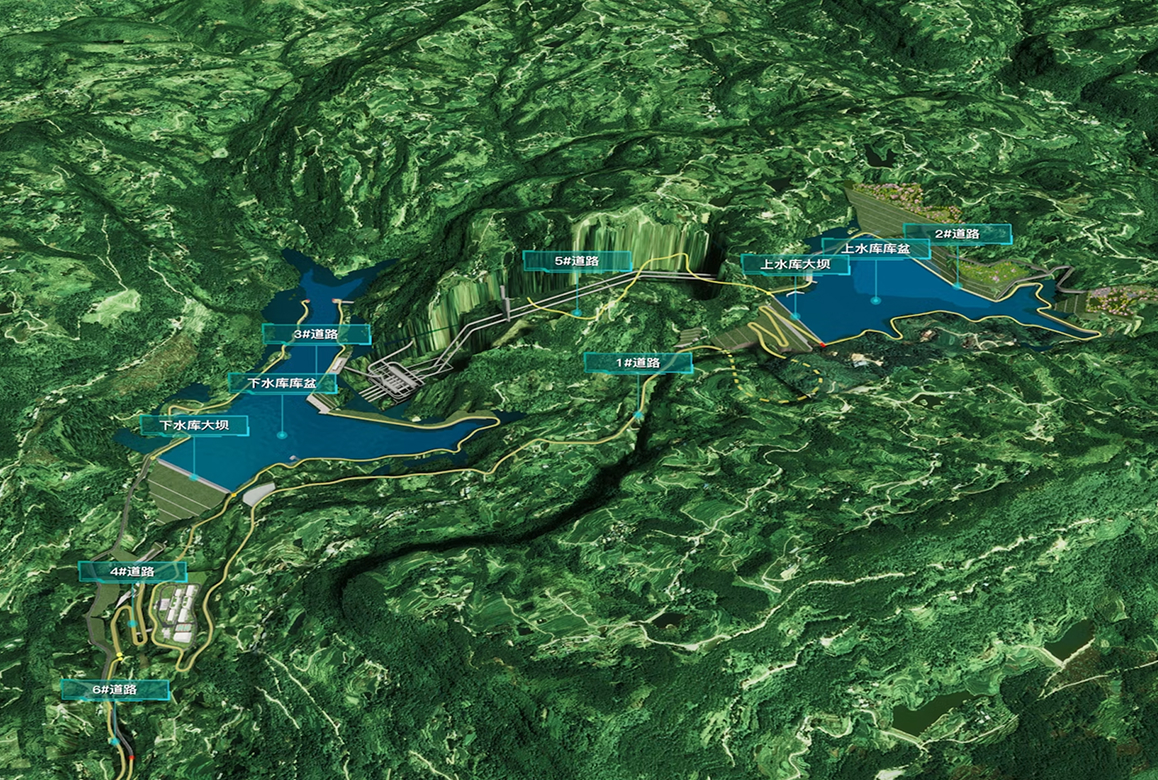 A digital twin rendering of the Zhen'an pumped-storage power station, showing the layout of reservoirs and tunnels in a mountainous region, a finalist project by Power Construction Corporation of China.