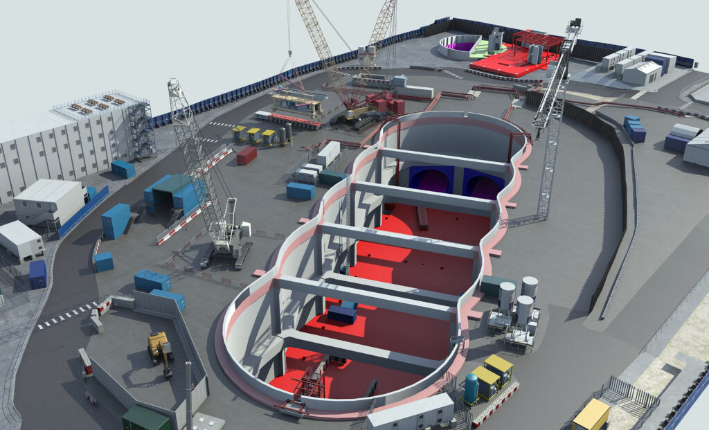 A detailed 3D digital model of a large, complex excavation site for a rail project, showing cranes and structural works, a finalist project by SKANSKA COSTAIN STRABAG JV.