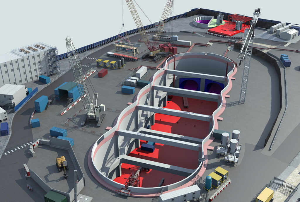 A detailed 3D digital model of a large, complex excavation site for a rail project, showing cranes and structural works, a finalist project by SKANSKA COSTAIN STRABAG JV.