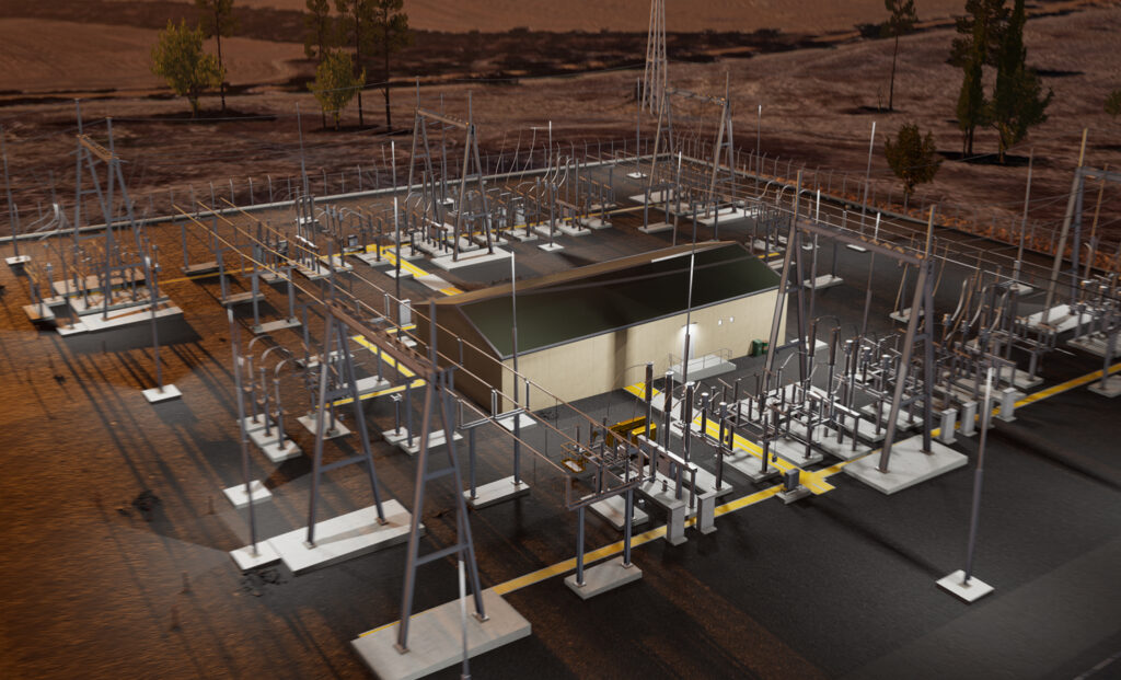 A 3D rendering of the Clean Energy Link North electrical substation at dusk, a finalist project by POWER Engineers.