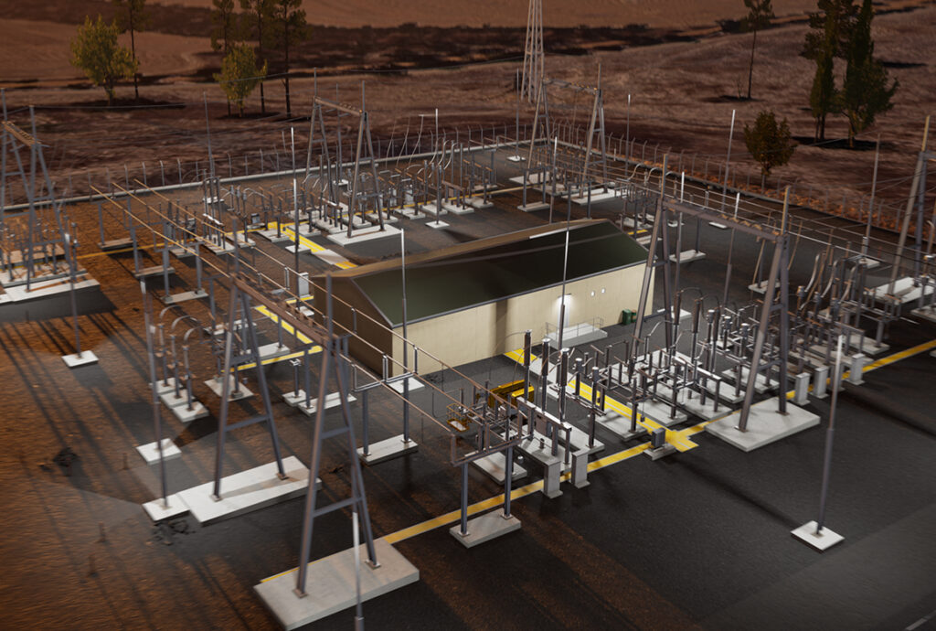 A 3D rendering of the Clean Energy Link North electrical substation at dusk, a finalist project by POWER Engineers.