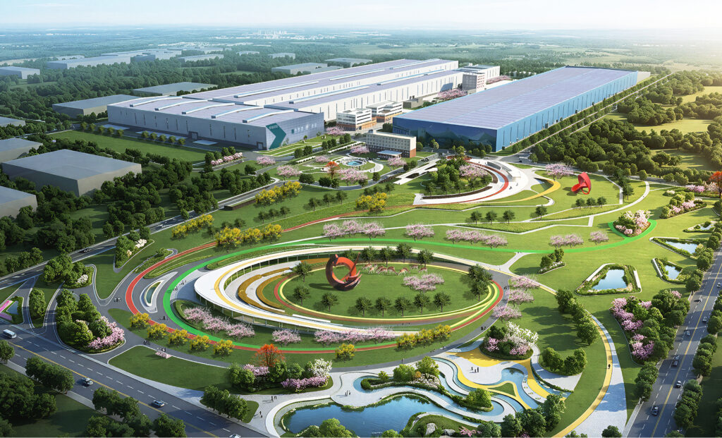 An aerial rendering of a large industrial facility alongside a modern, landscaped park with artistic sculptures, a finalist project by Baosteel Engineering & Technology Group.