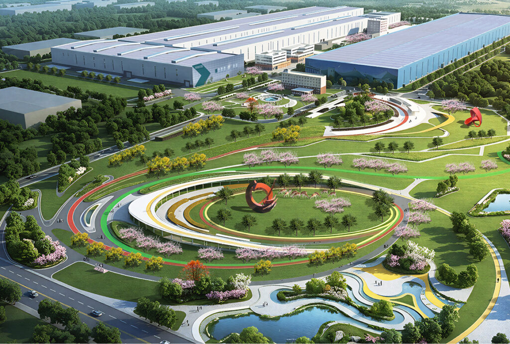 An aerial rendering of a large industrial facility alongside a modern, landscaped park with artistic sculptures, a finalist project by Baosteel Engineering & Technology Group.