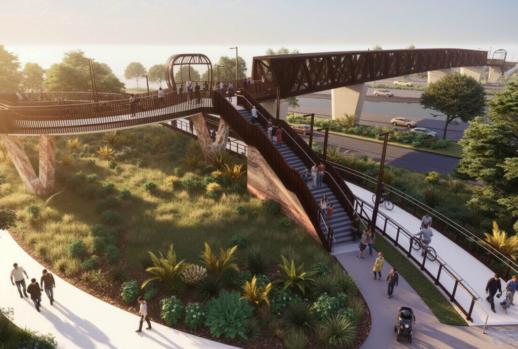 A rendering of a modern pedestrian and cyclist bridge over a highway, set in a landscaped park with people walking and cycling, a finalist project by the T2D Alliance.