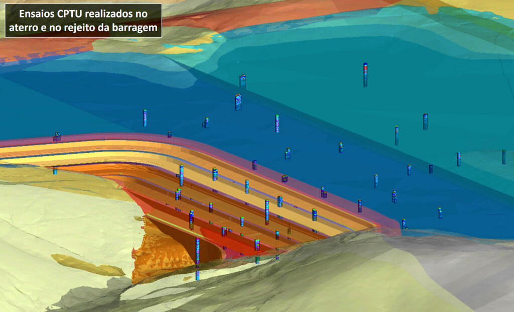 A 3D subsurface model of a dam showing CPTU test data within geological layers, a project by Andres Miguel Gonzalez Acevedo.