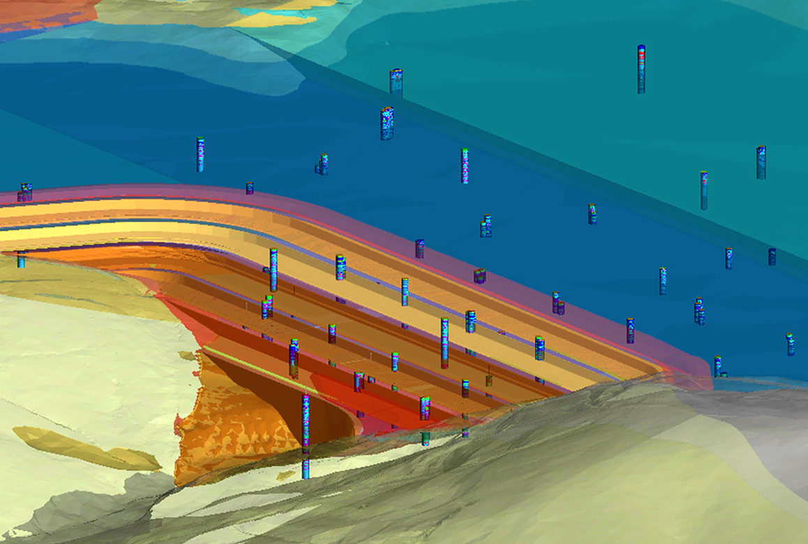 A 3D subsurface model of a dam showing CPTU test data within geological layers, a project by Andres Miguel Gonzalez Acevedo.