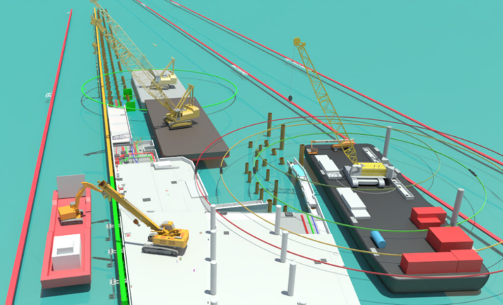 A 4D simulation of marine construction for the Nigg J1 Phase 2 project, showing barges and cranes in operation, a finalist project by Wills Bros Ltd.