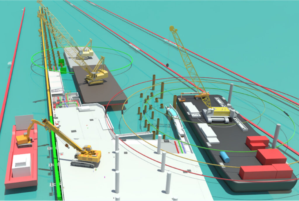 A 4D simulation of marine construction for the Nigg J1 Phase 2 project, showing barges and cranes in operation, a finalist project by Wills Bros Ltd.