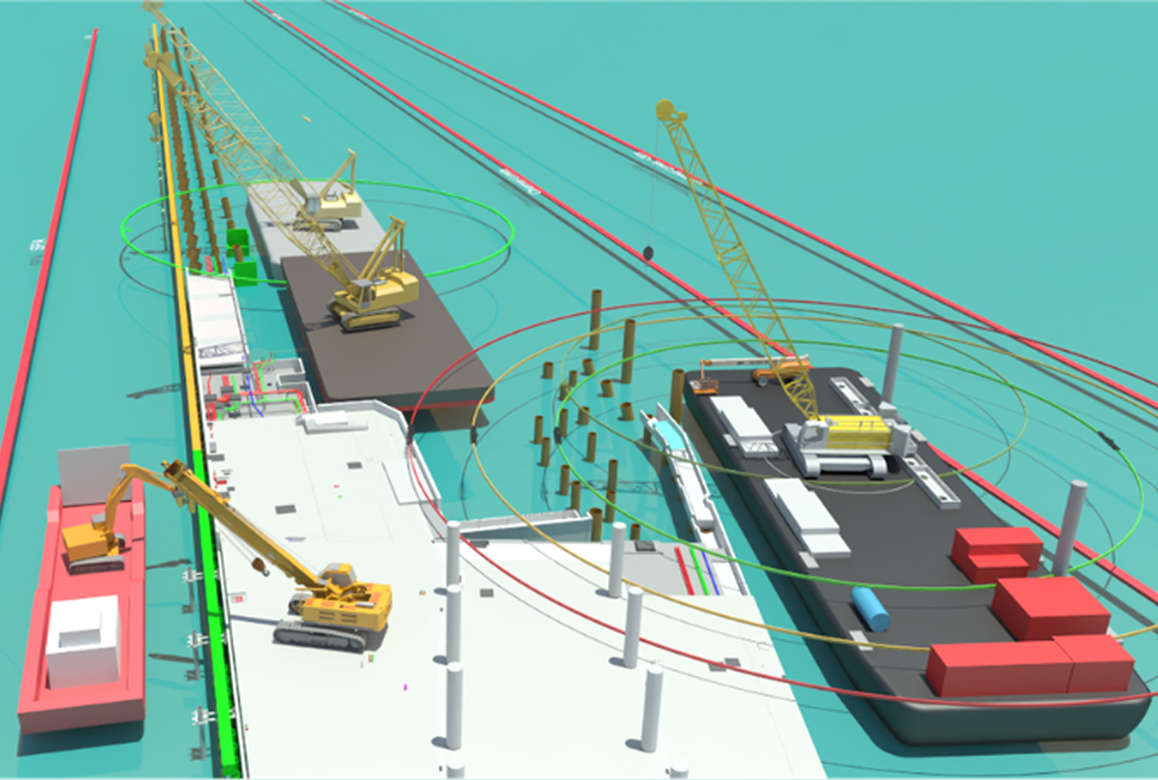 A 4D simulation of marine construction for the Nigg J1 Phase 2 project, showing barges and cranes in operation, a finalist project by Wills Bros Ltd.