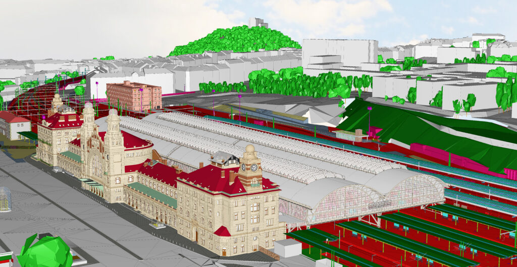 A detailed digital twin of the historic Prague Main railway station showing existing and future structures, a finalist project by SUDOP PRAHA a.s.