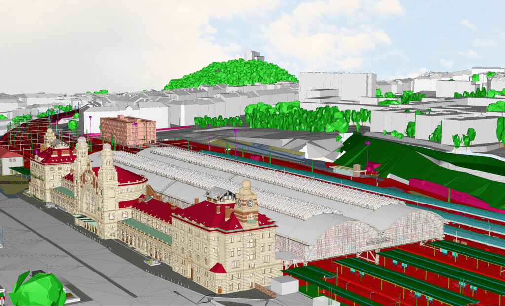 A detailed digital twin of the historic Prague Main railway station showing existing and future structures, a finalist project by SUDOP PRAHA a.s.