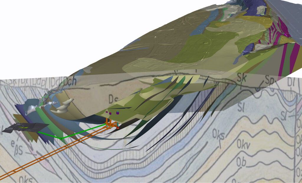 A 3D model of the Beroun tunnel's alignment through complex geological strata, a project by SUDOP PRAHA a.s.