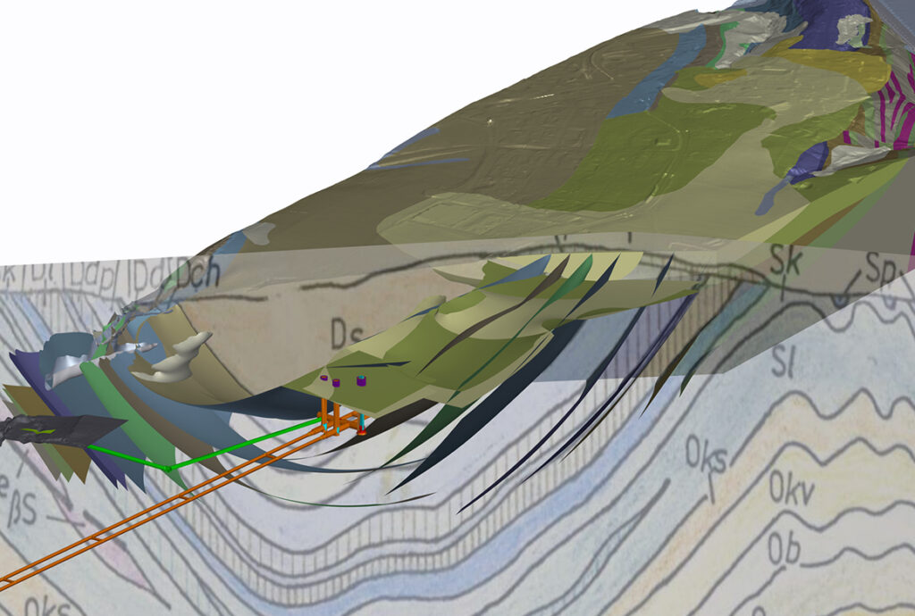 A 3D model of the Beroun tunnel's alignment through complex geological strata, a project by SUDOP PRAHA a.s.