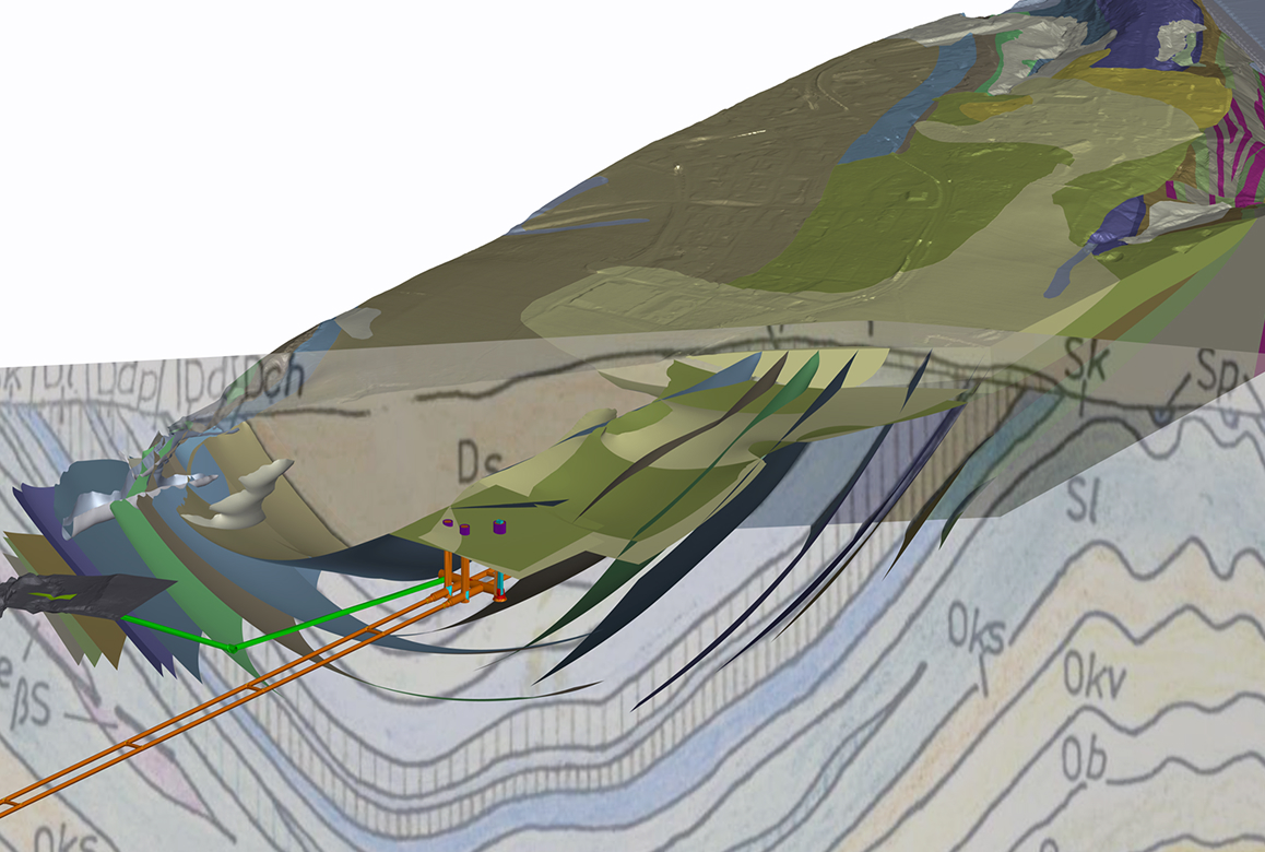 A 3D model of the Beroun tunnel's alignment through complex geological strata, a project by SUDOP PRAHA a.s.