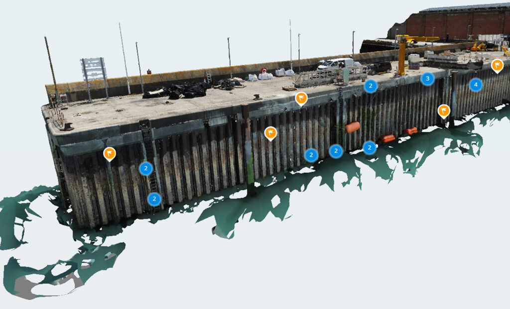 A reality model of a harbor quay wall with data points overlaid for structural inspection, a finalist project by Haskoning.