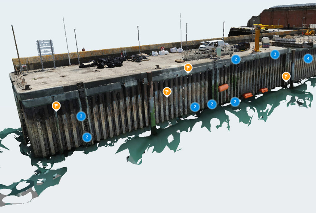 A reality model of a harbor quay wall with data points overlaid for structural inspection, a finalist project by Haskoning.