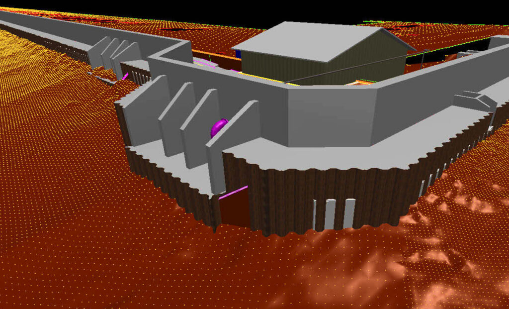 A 3D digital model of a complex concrete floodwall and levee system set against a digital terrain model, a finalist project by Kiewit.