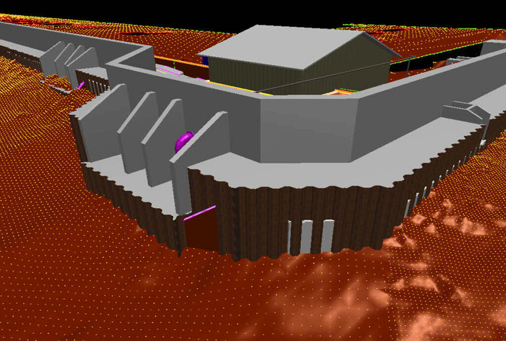 A 3D digital model of a complex concrete floodwall and levee system set against a digital terrain model, a finalist project by Kiewit.