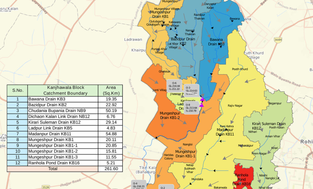 A GIS map from the Delhi Drainage Master Plan, showing color-coded catchment areas and drainage flow, a finalist project by the Irrigation and Flood Control Department, Government of NCT of Delhi.