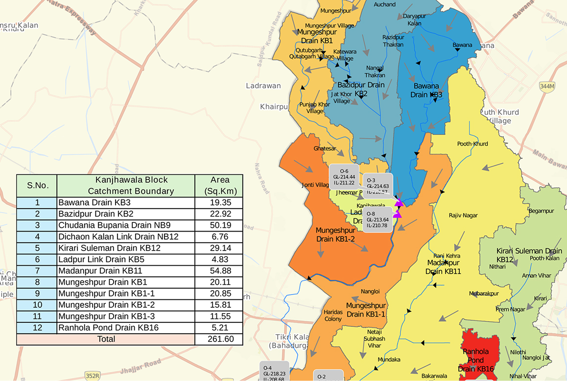 A GIS map from the Delhi Drainage Master Plan, showing color-coded catchment areas and drainage flow, a finalist project by the Irrigation and Flood Control Department, Government of NCT of Delhi.